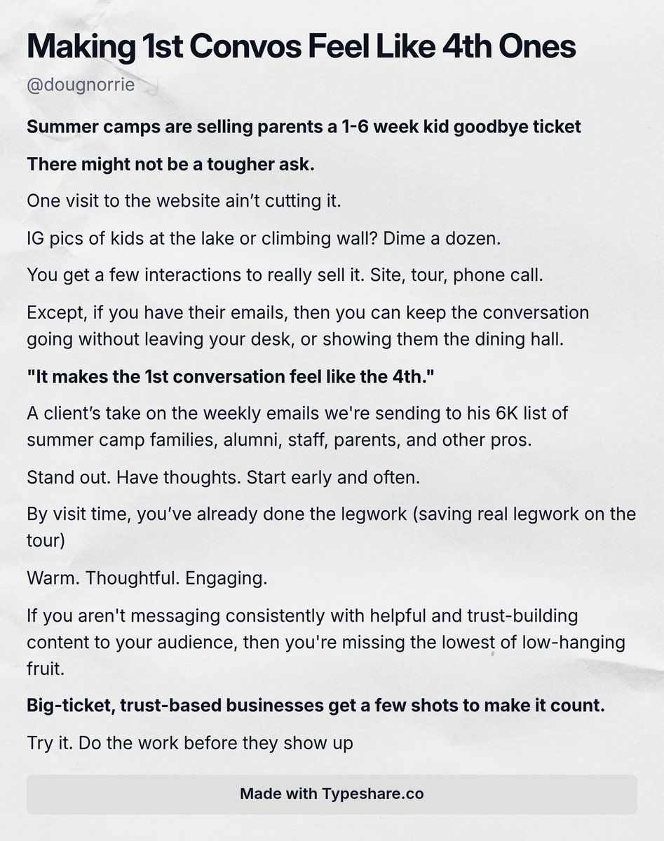 DougNorrie's tweet image. Is there a tougher sell out there
Than paying $1,000s to send your kid away for part of the summer?
Camps are one of the highest-trust purchases parents make.
Relationship-driven, big-ticket businesses need consistent messaging.
Email can handle a ton of it.