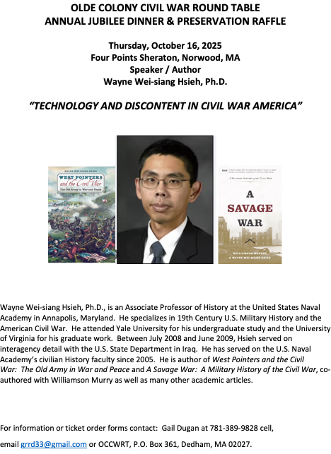 OCCWRT1's tweet image. Join us for our Jubilee Dinner on October 16! Featuring @whsieh and a great Civil War Book Raffle. The sign-up sheet is below. Thanks!