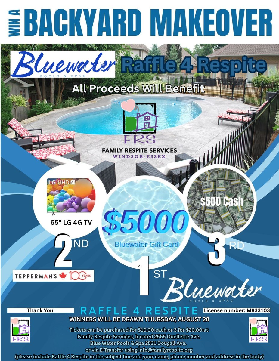 🎟️ Enter to WIN. Help families THRIVE. 💙

Support the Bluewater Raffle 4 Respite - make a meaningful difference for children with disabilities &amp; their families through Family Respite Services.

✨ Great prizes. Real impact.
#BluewaterRaffle #RespiteMatters

See Flyer for Details