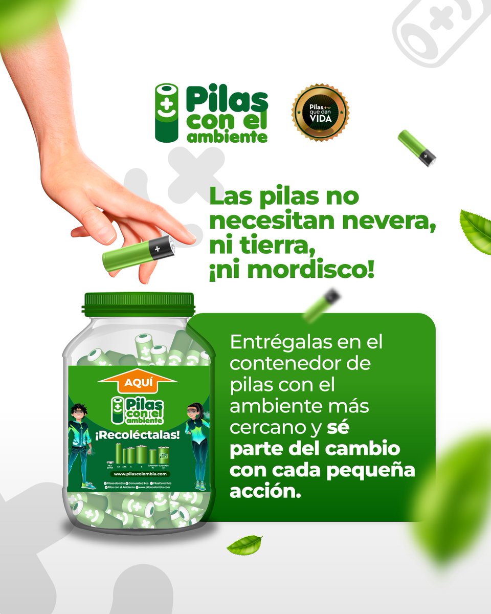 Aunque muchos no lo crean…
Las pilas no se recargan en la nevera, no se entierran en el jardín y mucho menos se muerden. 😅
🔋 Lo que sí necesitan es llegar al lugar correcto: ¡un contenedor especializado!
📍Busca tu punto de recolección más cercano en: pilascolombia.com/puntos