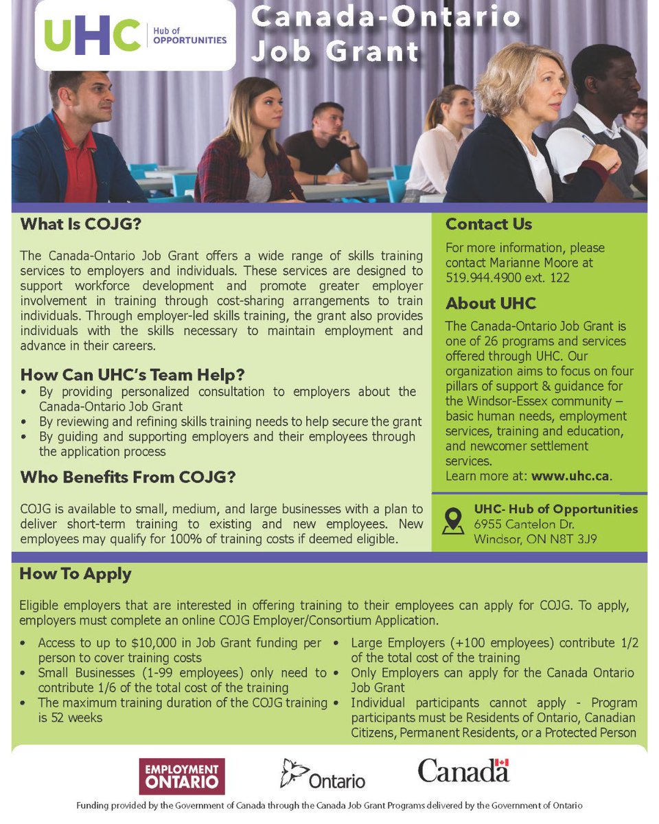 UHC - Hub of Opportunities (@uhc_) on Twitter photo โผ๏ธDo you need training for your team members? The Canada-Ontario Job Grant (COJG) is available.
COJG gives your business funding to help train your team members. We can help your business apply for funding.
Reach out to Marianne Moore at mmoore@uhc.ca or 519-944-4900 ext. 122 โผ๏ธDo you need training for your team members? The Canada-Ontario Job Grant (COJG) is available.
COJG gives your business funding to help train your team members. We can help your business apply for funding.
Reach out to Marianne Moore at mmoore@uhc.ca or 519-944-4900 ext. 122