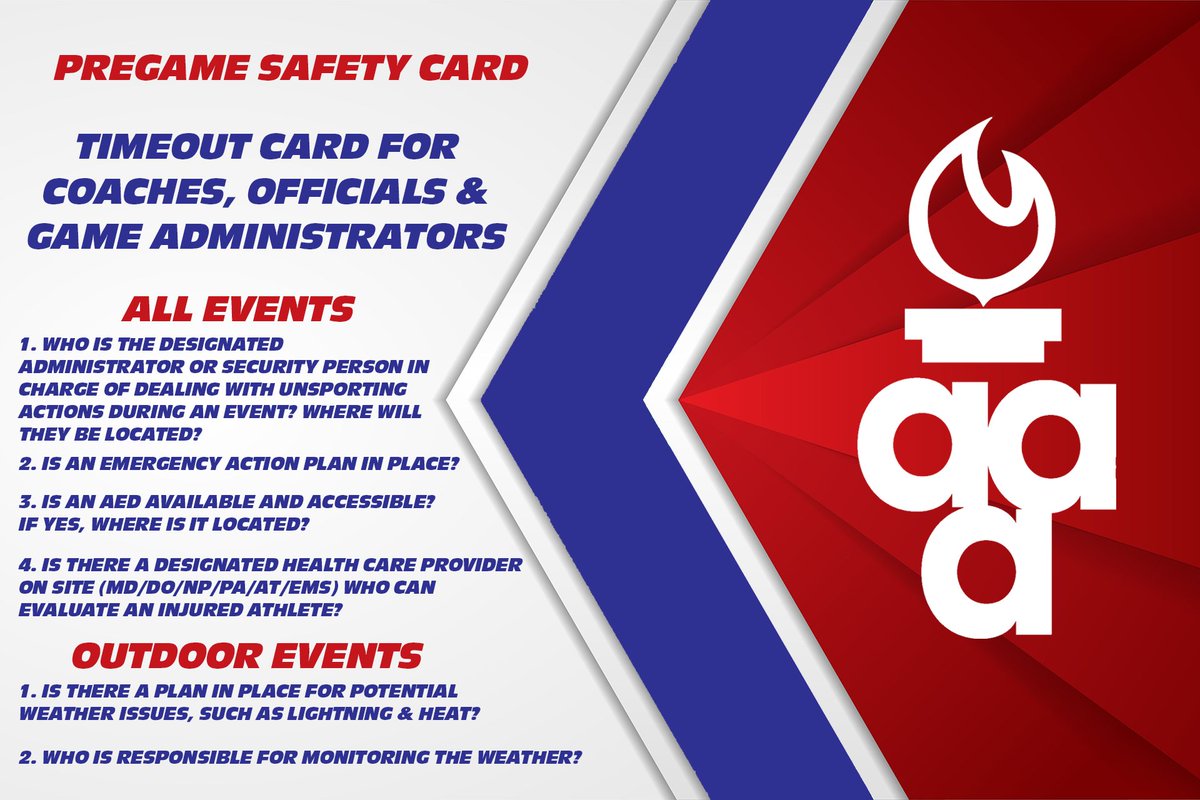 ArkActAssn's tweet image. The Pregame Safety Time-Out Card is a quick-reference tool designed to promote communication and emergency readiness before every athletic contest.
Coaches, officials, athletic trainers, and game administrators should review key safety procedures and responsibilities before the…
