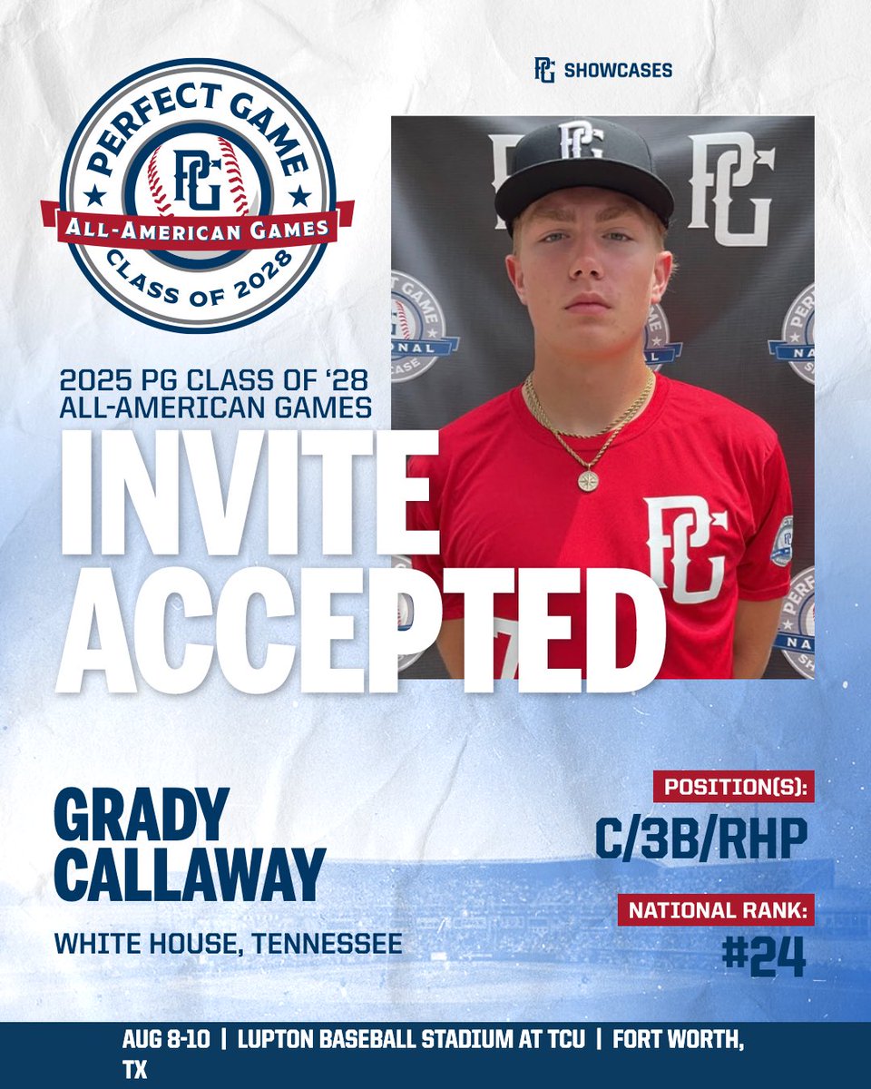 PG Showcases (@pgshowcases) on Twitter photo 🚨INVITE ACCEPTED🚨
Grady Callaway (TN) has accepted his invitation and will be heading to the 2025 PG Class of 2028 All-American Games! 🔥
<a href="/PG_Tennessee/">Perfect Game Tennessee</a> <a href="/PerfectGameUSA/">Perfect Game USA</a> 🚨INVITE ACCEPTED🚨
Grady Callaway (TN) has accepted his invitation and will be heading to the 2025 PG Class of 2028 All-American Games! 🔥
<a href="/PG_Tennessee/">Perfect Game Tennessee</a> <a href="/PerfectGameUSA/">Perfect Game USA</a>