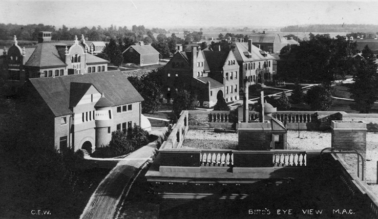 #TBT Undated postcard of the Michigan Agricultural College campus as seen from the roof of the Women's Building, Morrill Hall. Printed on the front reads "Bird's eye view M.A.C." and "C.E.W." #MSUHistory