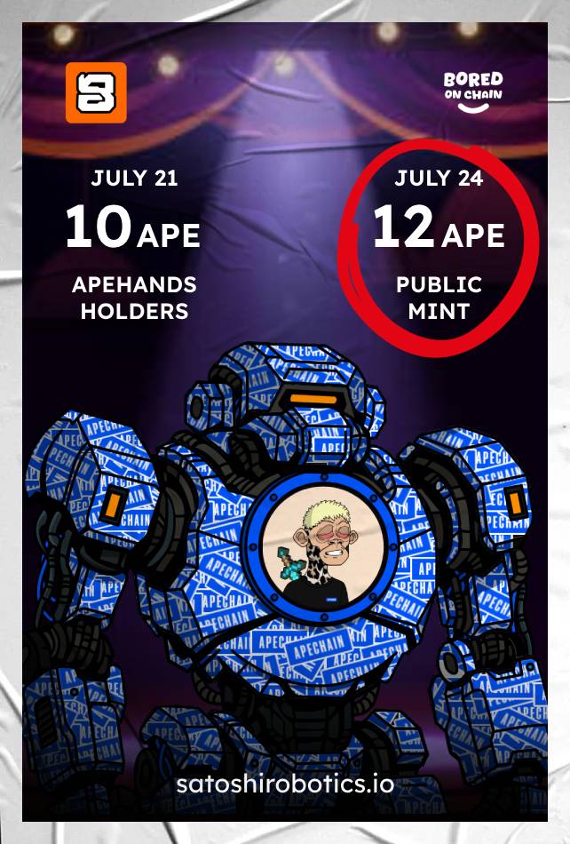 SatoshiRobotics's tweet image. Public Mint ON 🤖

🔸Familia we can announce that the mint period for ApeHands by @BoredOnChain holders is over now it&apos;s time to move to PUBLIC MINT 🔩

💰Price : 12 $Ape
🌐Mint : satoshirobotics.io/mint

We are very grateful to our community, we continue to create !🪛