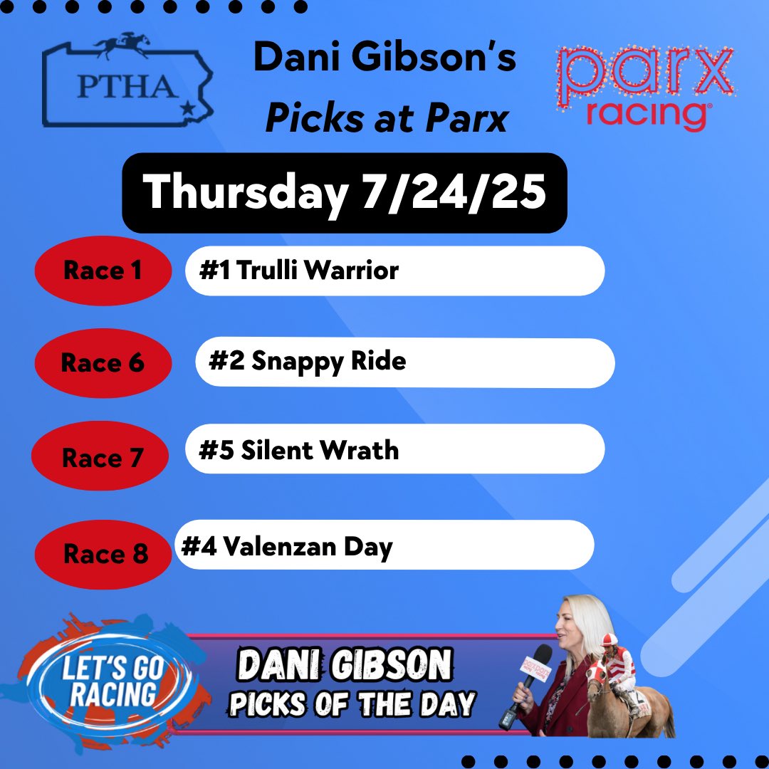 Don’t miss our last live racing day before our Summer Break at Parx Rag before with 11 races starting with 1st post at 12:40 pm - Bet along with  Dani Gibson’s with her best bets on 7/24’s card