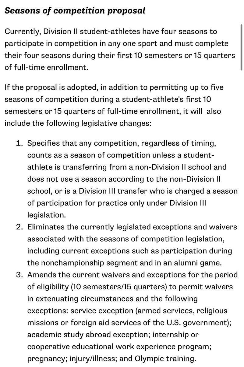 It’s long been rumored that the NCAA will change its rules to allow all athletes to play five season in five years. 

Looks like that may happen at the D2 level.

I assume DI is waiting to see what happens with all of the eligibility rules litigation and federal legislation.