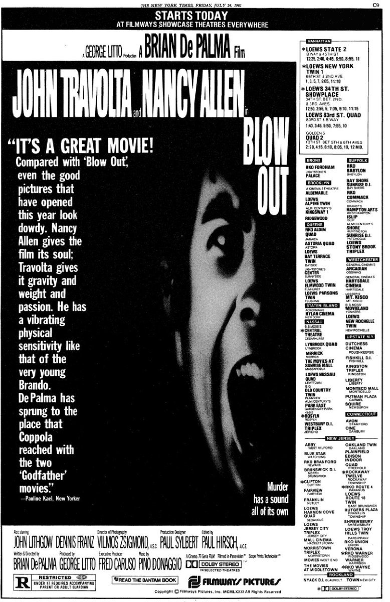PeterAPeel's tweet image. Opening day of Brian De Palma’s BLOW OUT, 7/24/81