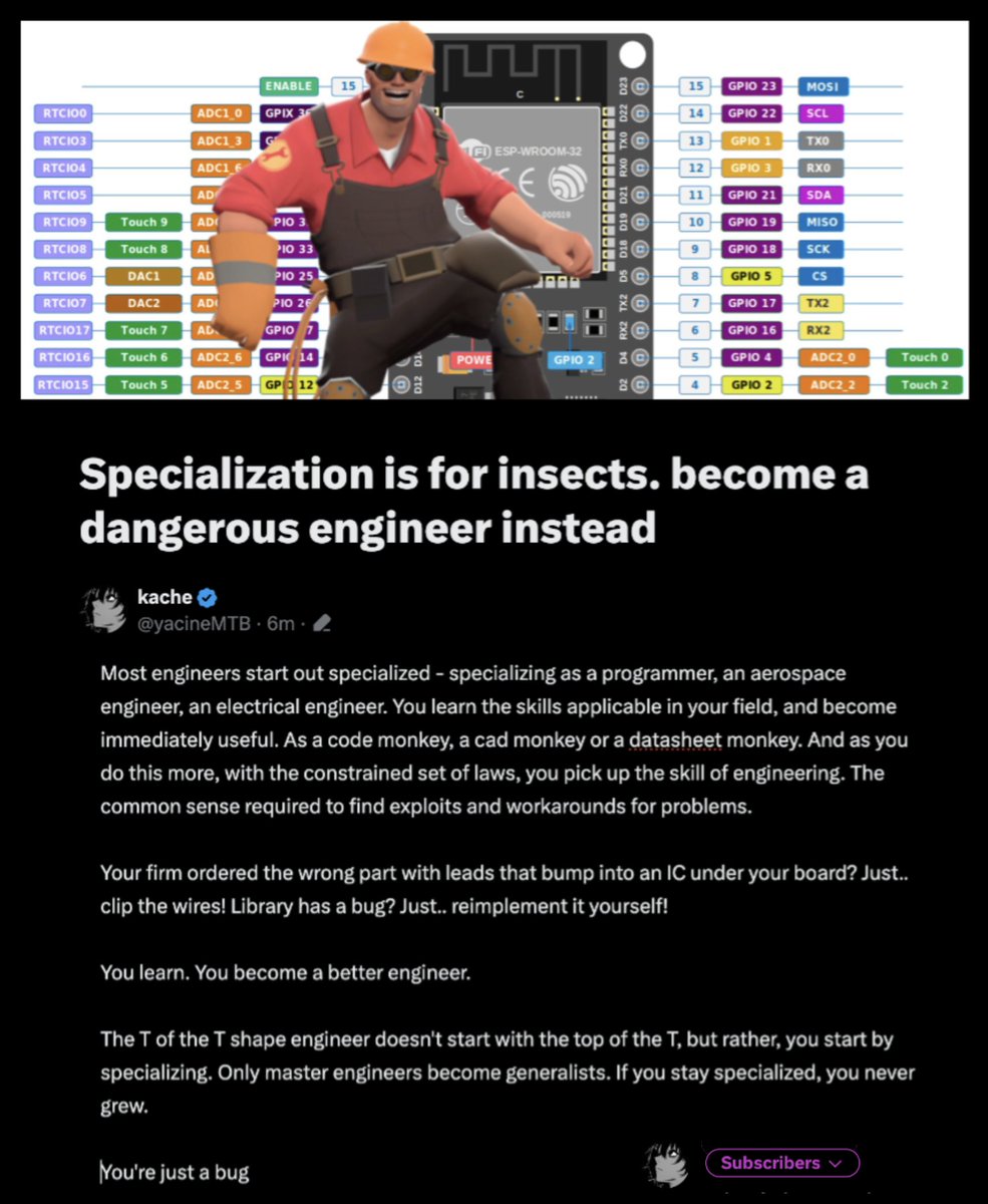 just published another one of my almost daily  blog posts for subscribers

don't be a bug
generalize
become dangerous

1k words on what makes an engineer good, or even, dangerous