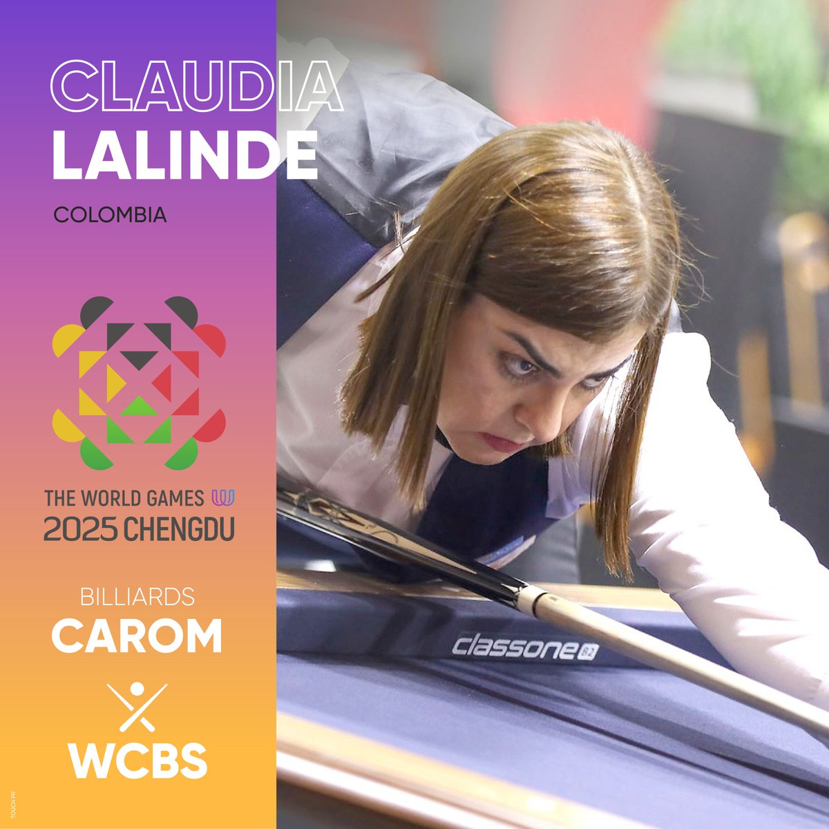 For the first time, Carom 3-Cushion Women will be featured at the World Games!

The World Games 2025 Chengdu - Player Lineup - Carom 3-Cushion - Women's Category

Claudia Lalinde - Colombia

#TWG2025 #Billiards 

<a href="/umb_carom/">Union Mondiale de Billard</a>