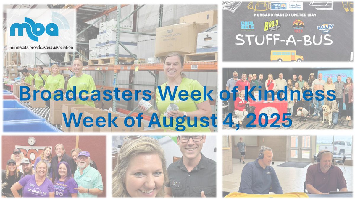 MNBroadcasters's tweet image. Attention MBA Member Stations!
The MBA's 3rd Annual Broadcasters Week of Kindness takes place the week of August 4th! Tell us more about what your stations will be doing in the community that week: forms.gle/Bvx44QgX3XuTQJ… #KindnessWeekMN #WeAreBroadcasters