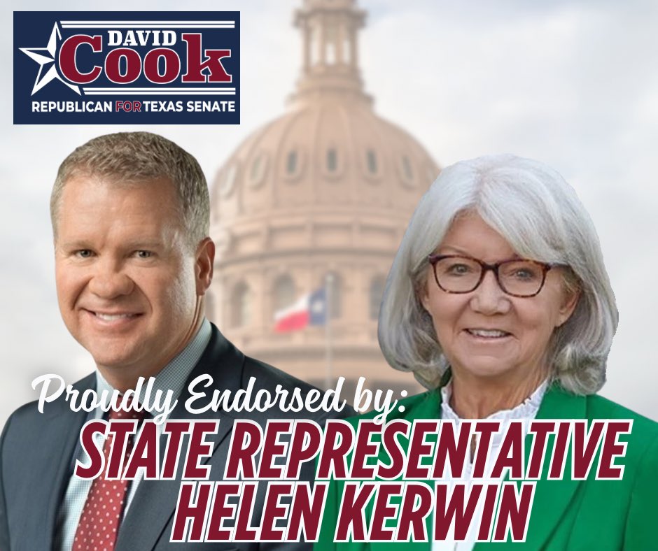DavidCookTexas's tweet image. As a former Somervell County Commissioner and Mayor of Glen Rose, @HelenKerwin4TX knows what it takes to deliver Conservative results for our constituents in the Texas Legislature. I’m honored to have her support and endorsement as the proven candidate for Senate District 22.…