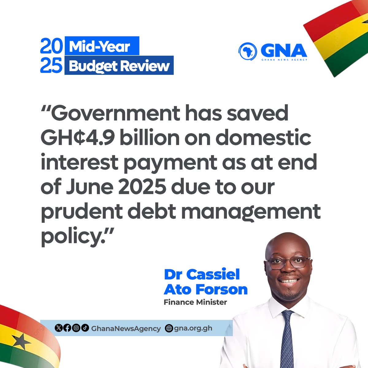 2025 Mid-Year Budget Review: Government has saved GH¢4.9 billion on domestic interest payment as at end of June 2025 due to our prudent debt management policy—Dr. Cassiel Ato Forson, Finance Minister

#GhanaNewsAgency #GNA #MidYearBudgetReview  Ato Forson