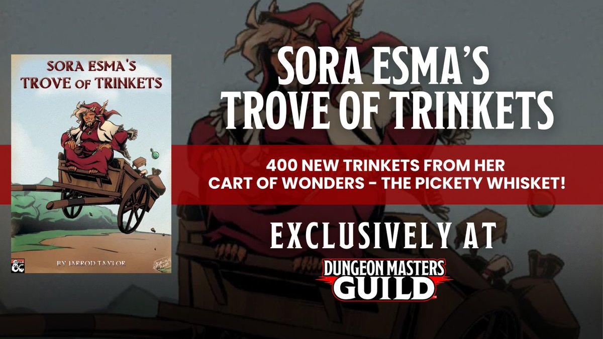 dms_guild's tweet image. Sora Esma&apos;s Trove of Trinkets is available now.

Get it here: tinyurl.com/r84wbcxx

Sora Esma returns to bargain 400 new trinkets from her Cart of Wonders- The Pickety Whisket!
#dnd5e #dungeonsanddragons