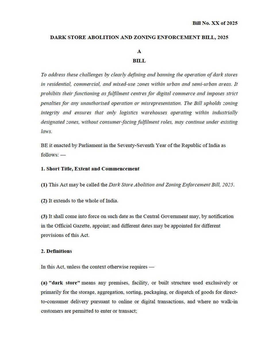 Confederation of All India Traders (CAIT) (@caitindia) on Twitter photo In a landmark step to uphold zoning integrity, protect small traders, and safeguard consumer rights, CAIT Secretary General & MP Shri <a href="/PKhandelwal_MP/">Praveen Khandelwal</a> ji has introduced the Dark Store Abolition and Zoning Enforcement Bill, 2025 in Parliament.
This crucial Bill seeks to:
🔹 Ban In a landmark step to uphold zoning integrity, protect small traders, and safeguard consumer rights, CAIT Secretary General & MP Shri <a href="/PKhandelwal_MP/">Praveen Khandelwal</a> ji has introduced the Dark Store Abolition and Zoning Enforcement Bill, 2025 in Parliament.
This crucial Bill seeks to:
🔹 Ban