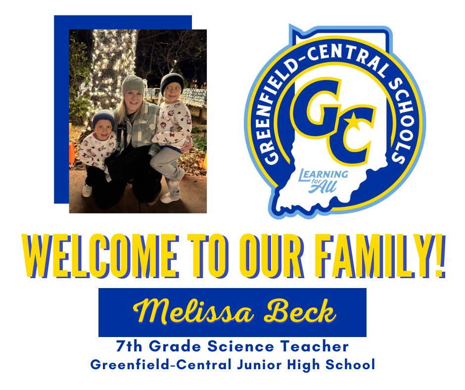 GC_CSC's tweet image. 🎉Help us welcome Melissa Beck to the GC Family!
🧑🏼🏫Mrs. Beck will be a 7th Grade Science Teacher at Greenfield-Central Junior High School.
🫶🏼Get to know Mrs. Beck at facebook.com/profile.php?id…
#1GC