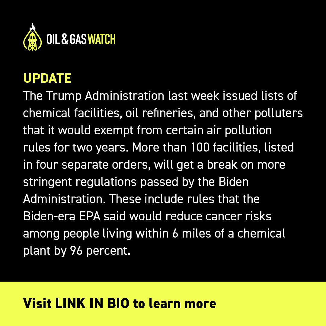 Oil and Gas Watch (@oil_watch) on Twitter photo White House exempts chemical plants, refineries from Clean Air Act rules
news.oilandgaswatch.org/template/brief…
<a href="/BeyondPetrochem/">Beyond Petrochemicals</a> <a href="/txenvironment/">Texas Campaign for the Environment</a> <a href="/EnvironmentTex/">Environment Texas</a> <a href="/Public_Citizen/">Public Citizen</a> <a href="/Earthworks/">Earthworks</a> <a href="/Earthjustice/">Earthjustice</a> <a href="/StopToxics/">Coming Clean network @stoptoxics.bsky.social</a> <a href="/AP/">The Associated Press</a> <a href="/Reuters/">Reuters</a> <a href="/environment/">Bloomberg Law: Environment</a> <a href="/LeverNews/">The Lever</a> <a href="/grist/">grist</a> <a href="/thenewledenews/">The New Lede</a> White House exempts chemical plants, refineries from Clean Air Act rules
news.oilandgaswatch.org/template/brief…
<a href="/BeyondPetrochem/">Beyond Petrochemicals</a> <a href="/txenvironment/">Texas Campaign for the Environment</a> <a href="/EnvironmentTex/">Environment Texas</a> <a href="/Public_Citizen/">Public Citizen</a> <a href="/Earthworks/">Earthworks</a> <a href="/Earthjustice/">Earthjustice</a> <a href="/StopToxics/">Coming Clean network @stoptoxics.bsky.social</a> <a href="/AP/">The Associated Press</a> <a href="/Reuters/">Reuters</a> <a href="/environment/">Bloomberg Law: Environment</a> <a href="/LeverNews/">The Lever</a> <a href="/grist/">grist</a> <a href="/thenewledenews/">The New Lede</a>