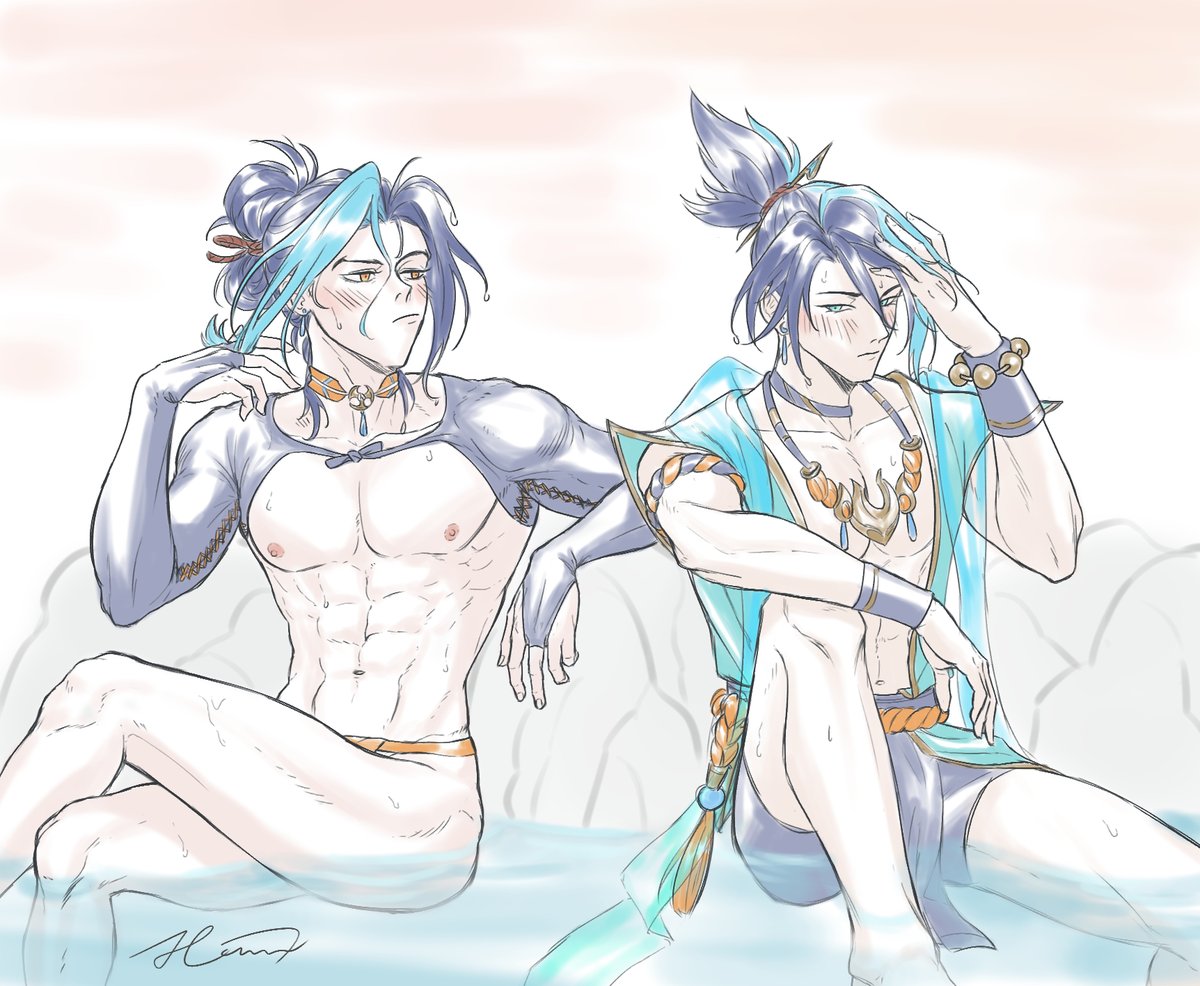 hanechi_aotoki's tweet image. A (Why is he staring at me?🤨
K (He stole my hairstyle😒
#Aphelios #kayn