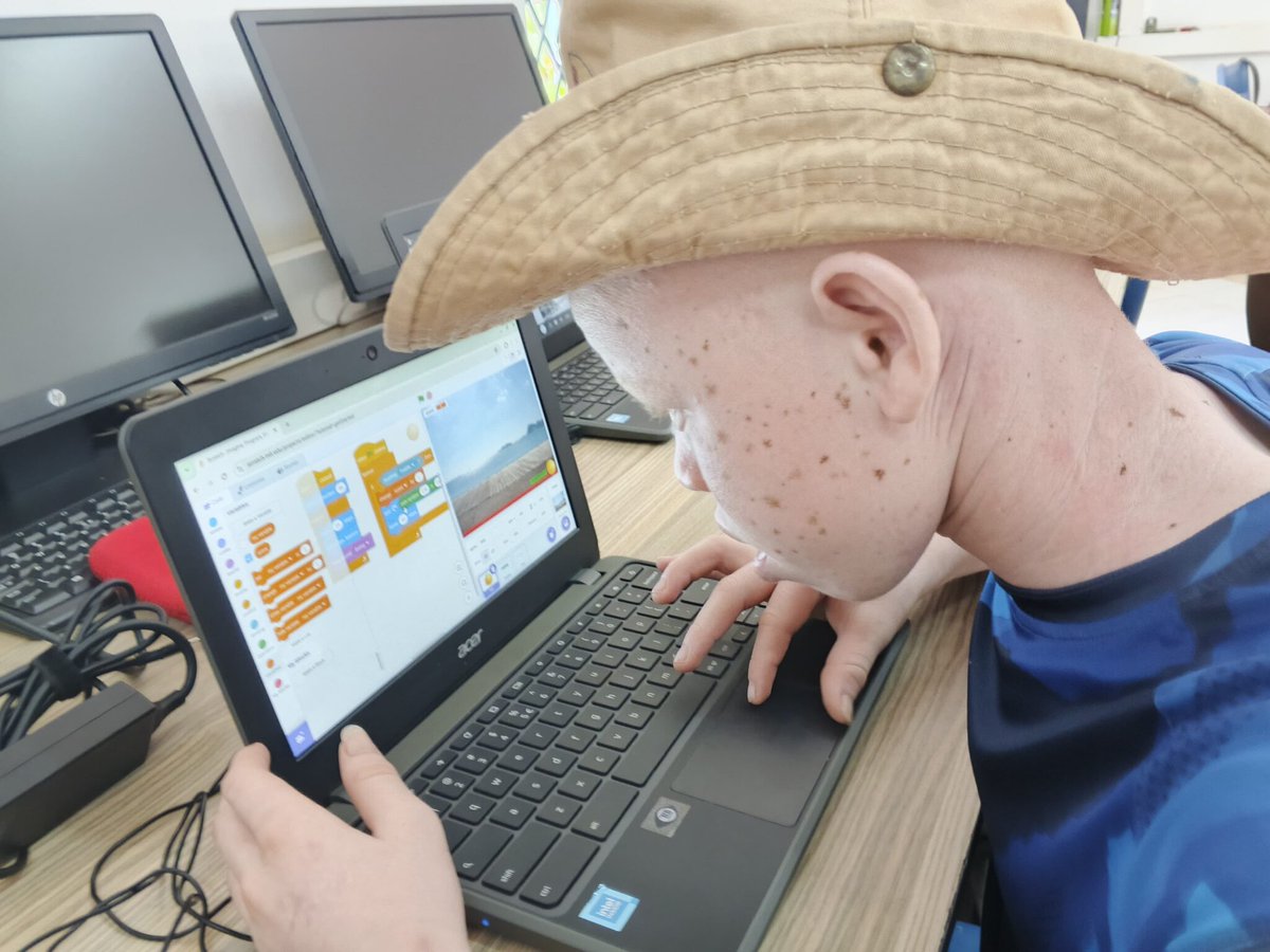 inABLEorg's tweet image. Brian, a Grade 9 student with low vision at Likoni Primary School for the Blind, spends his free time coding on a Chromebook using Scratch. He recently created a simple game where players keep a ball from hitting the ground showing strong creativity and understanding of…