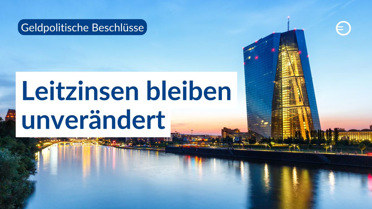 oenb's tweet image. Der Rat der Europäischen Zentralbank belässt die Leitzinssätze unverändert:
🔹 Zinssatz für Hauptrefinanzierungsgeschäfte: 2,15 %
🔹 Zinssatz für die Einlagefazilität: 2,00 %
🔹 Zinssatz für die Spitzenrefinanzierungsfazilität: 2,40 %
🔗 bit.ly/3IDEdNP
