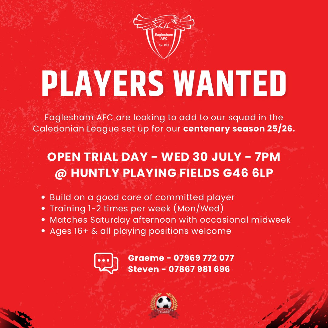 ❗️🔴 PLAYER RECRUITMENT 🔴 ❗️

Eaglesham AFC are looking to recruit for our centenary season.

We are hosting an open trial night; see details on graphic.

Get in touch via social media or use the contact details below.

<a href="/CaledonianAFA/">CaledonianLeague</a> <a href="/ScotAmFA/">Scottish Amateur FA</a>  <a href="/scottish_aff/">AmateurFixturesResultsSCO</a> 
@TeamfinderScot1