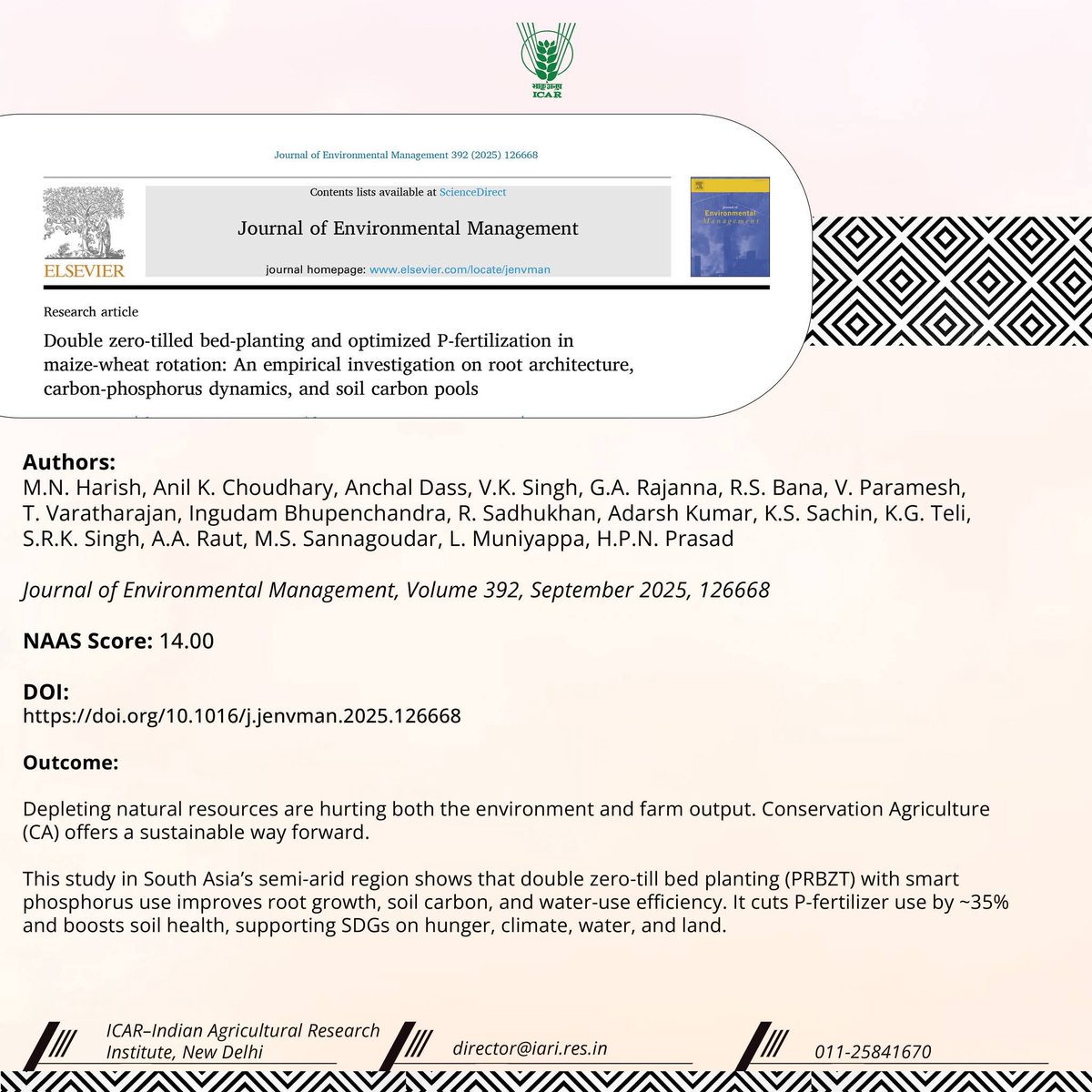 IARI Pusa New Delhi (@iaripusa1) on Twitter photo Double zero-tilled bed-planting and optimized P-fertilization in maize-wheat rotation An empirical investigation on root architecture, carbon-phosphorus dynamics, and soil carbon pools.
doi.org/10.1016/j.jenv…
#OneICAR <a href="/icarindia/">Indian Council of Agricultural Research.</a> Double zero-tilled bed-planting and optimized P-fertilization in maize-wheat rotation An empirical investigation on root architecture, carbon-phosphorus dynamics, and soil carbon pools.
doi.org/10.1016/j.jenv…
#OneICAR <a href="/icarindia/">Indian Council of Agricultural Research.</a>