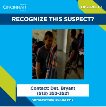 CincyPD's tweet image. Please help us identify the suspect pictured. The pictured suspect took unpaid merchandise under their shirt and exited without paying. If you recognize the suspect, please contact Det. Bryant at 513-352-3521.