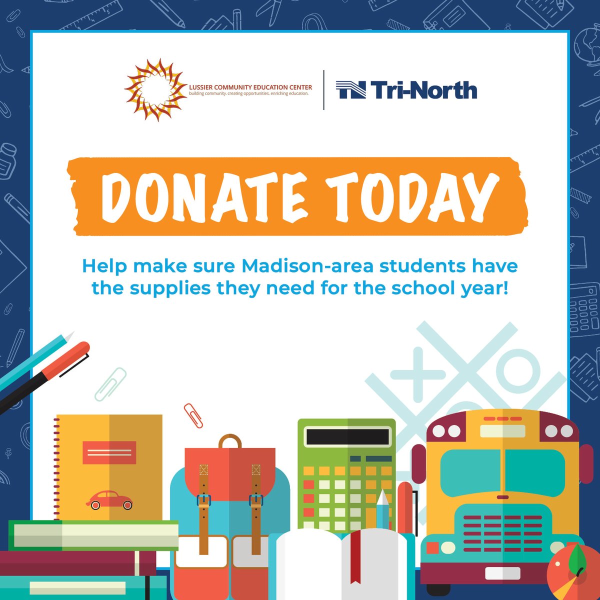 Tri-North Builders (@trinorthbuilder) on Twitter photo 🏫 With back to school around the corner, the <a href="/LCECmadison/">Lussier Community Education Center</a> school supply drive is well underway! Support the cause by dropping off school supplies at Tri-North's headquarters (2625 Research Park Dr. in #FitchburgWI). 🏫 With back to school around the corner, the <a href="/LCECmadison/">Lussier Community Education Center</a> school supply drive is well underway! Support the cause by dropping off school supplies at Tri-North's headquarters (2625 Research Park Dr. in #FitchburgWI).