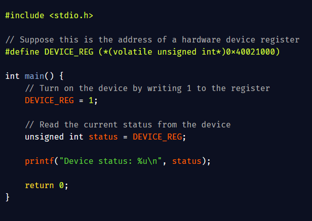 gutsOfDarkness8's tweet image. Memory-Mapped I/O (MMIO):
Memory-Mapped I/O means that hardware devices (like sensors, timers, or LEDs) are controlled by reading and writing to special memory addresses. In C, we use pointers to access these addresses as if they were normal variables.
Why use volatile?
The…