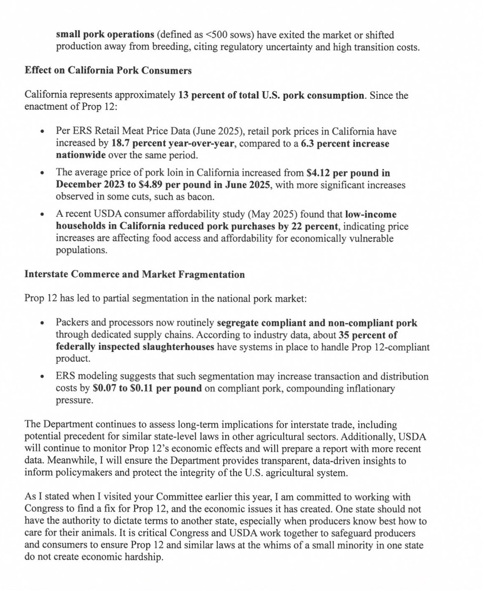 Ashley Hinson (@repashleyhinson) on Twitter photo NEW from <a href="/USDA/">Dept. of Agriculture</a>: Compliance costs with Californiaâs Prop 12 âdisproportionately affect small and mid-sized producers, who face tighter margins and less access to capital. As of the first quarter of 2025, 12 percent of small pork operations have exited the market or shifted NEW from <a href="/USDA/">Dept. of Agriculture</a>: Compliance costs with Californiaâs Prop 12 âdisproportionately affect small and mid-sized producers, who face tighter margins and less access to capital. As of the first quarter of 2025, 12 percent of small pork operations have exited the market or shifted