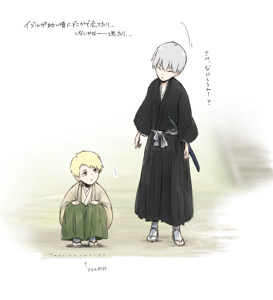 9x0x0's tweet image. ちなみに子ぎんはこちら(再掲です)
ぶれそるガチャ祈願のと幼少期会ってたらいいなの妄想してた時のやつ
