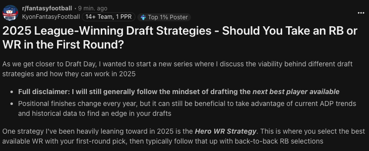 Simply unreal content being put out by <a href="/KyleM_FF/">Kyle</a> regularly on the subreddit. 

If you aren't following along with his stuff you are absolutely missing out.

Link below to his latest thesis.