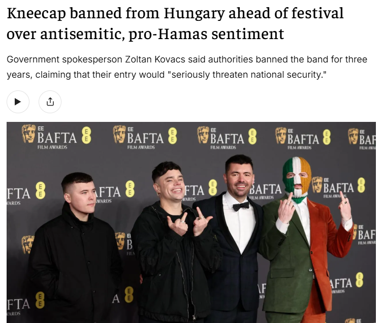 AJCGlobal's tweet photo. Hungary has banned Irish rap group Kneecap from entering the country to perform at Sziget, one of Europe’s largest music festivals, citing the group’s antisemitic hate speech and praise for the Hamas terrorist organization.

@AJC_CE applauds this important decision and calls on other European governments and civil society to follow suit. 

There is no place for promotion of terrorism and antisemitic hate in Hungary or anywhere else.
https://t.co/MG1xSoAJNY