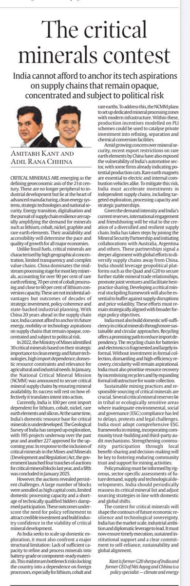 amitabhk87's tweet image. Critical minerals will shape the future of clean energy, digital growth and economic resilience. India must move swiftly to secure supply chains through exploration, processing, recycling and global partnerships. This is vital for industrial growth and strategic autonomy.…