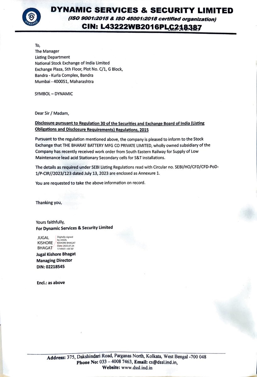 nileshkurhade's tweet image. 📌 DYNAMIC SERVICES & SECURITY LIMITED informed the exchange that THE BHARAT BATTERY MFG CO PRIVATE LIMITED, wholly owned subsidiary of the Company, has recently received a work order from South Eastern Railway for Supply of Low Maintenance lead acid Stationary Secondary cells…