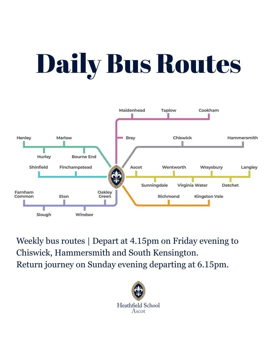 Heathfield School (@heathfieldascot) on Twitter photo Daily Bus Routes 🚍
At Heathfield we run daily buses to South and West London as well as more local routes to Finchampstead, Henley, Datchet and Wraysbury.
For more information on our bus routes, please contact our admissions department, admissions@heathfieldschool.net Daily Bus Routes 🚍
At Heathfield we run daily buses to South and West London as well as more local routes to Finchampstead, Henley, Datchet and Wraysbury.
For more information on our bus routes, please contact our admissions department, admissions@heathfieldschool.net