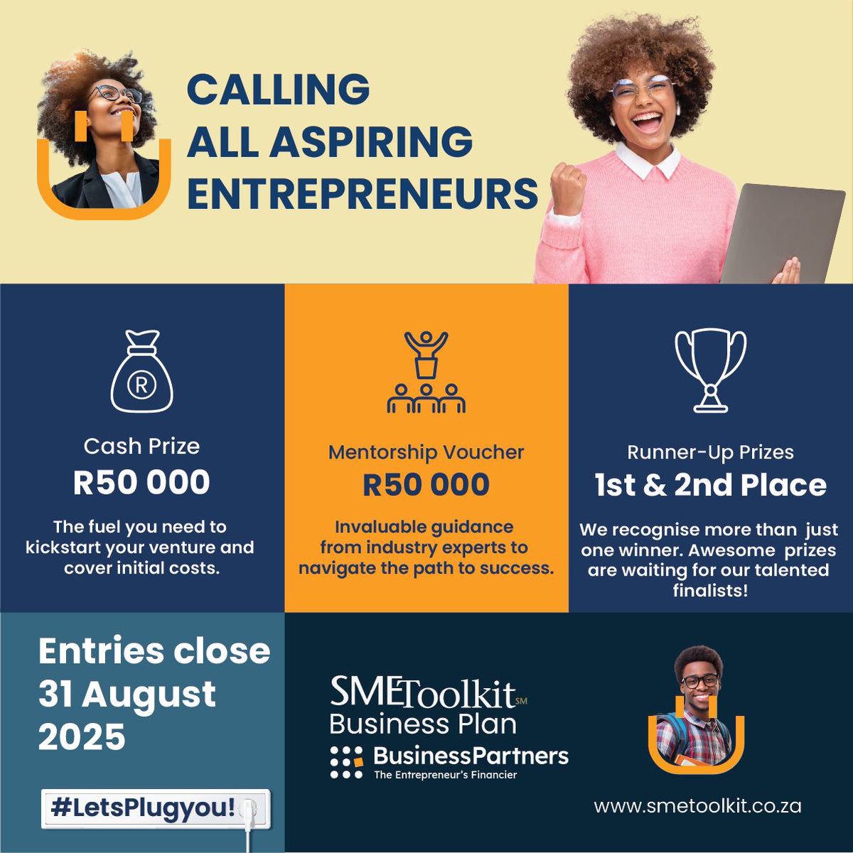 Young innovators, this one’s for you!

The 2025 SME Toolkit Business Plan Competition is open 
✅ R50K cash prize
✅ Mentorship worth R50K
✅ Open to SA youth (18–35)

Deadline: 31 July 2025

For more info: 👉 bit.ly/SEC_funding-gu…
