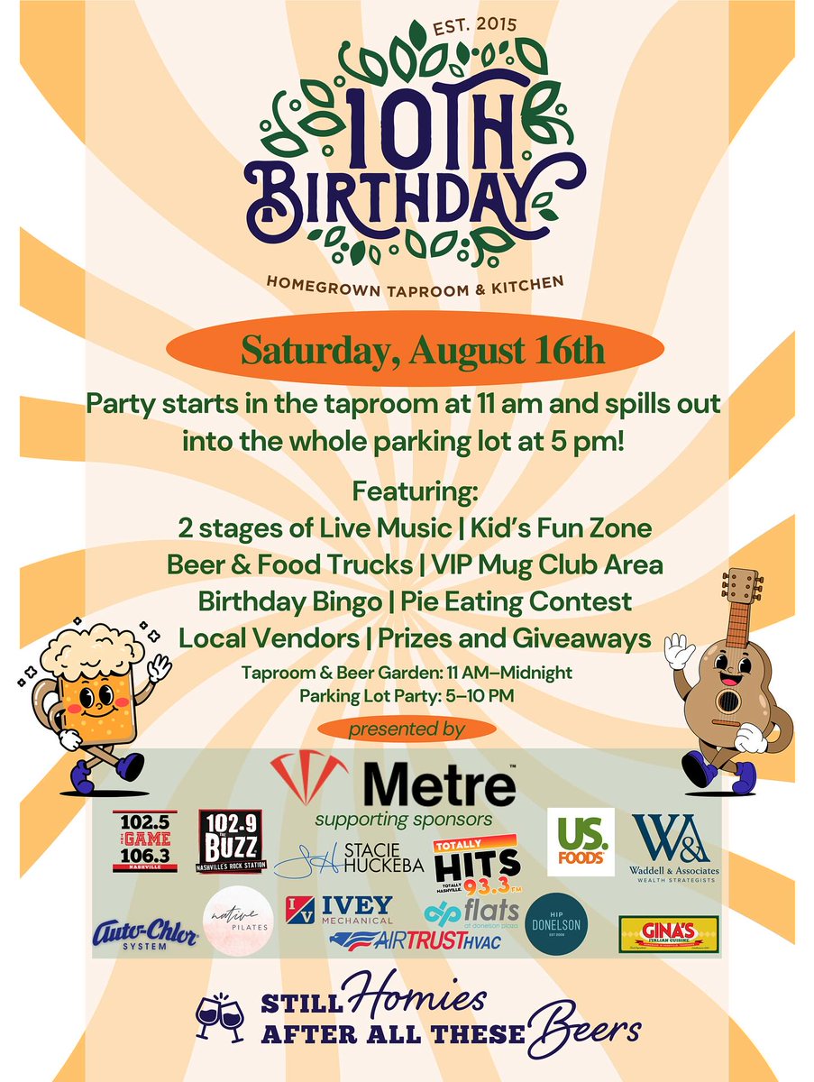 Come celebrate a decade of delicious at <a href="/HomegrownNash/">Homegrown Nashville</a>! 🥳

Homegrown Taproom &amp; Kitchen 10th Birthday Party Saturday, August 16th 🍻

Party in the Taproom starts at 11:00 AM &amp; spills out into the parking lot at 5PM

Live music from TWO stages + Kids Fun Zone + Beer &amp; Food Trucks