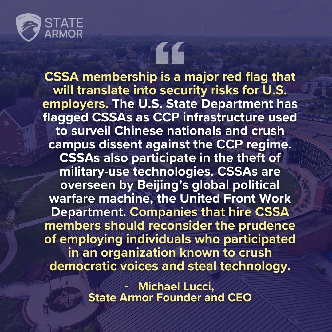 StateArmor's tweet image. 🚨 Dozens of members of a CCP linked student group have landed top roles in U.S. tech, pharma, academia and national labs, raising major espionage alarms.
State Armor CEO @Michael7ucci warns this is a red flag that will become a security risk.
➡️washingtonexaminer.com/news/investiga…