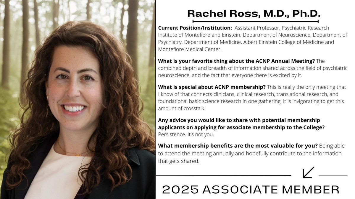 ACNPorg's tweet image. Congratulations to Rachel Ross, M.D., Ph.D. a new Associate Member of ACNP! Welcome! 😀