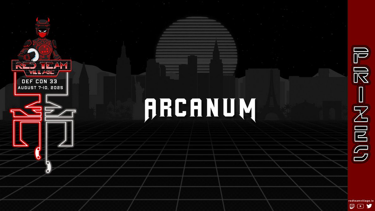 RedTeamVillage_'s tweet image. 📣 Shoutout to @arcanuminfosec for powering up our prize pool at #RedTeamVillage during #DEFCON33! 🔥 Your support keeps the hacker energy high and the community winning big. 💥