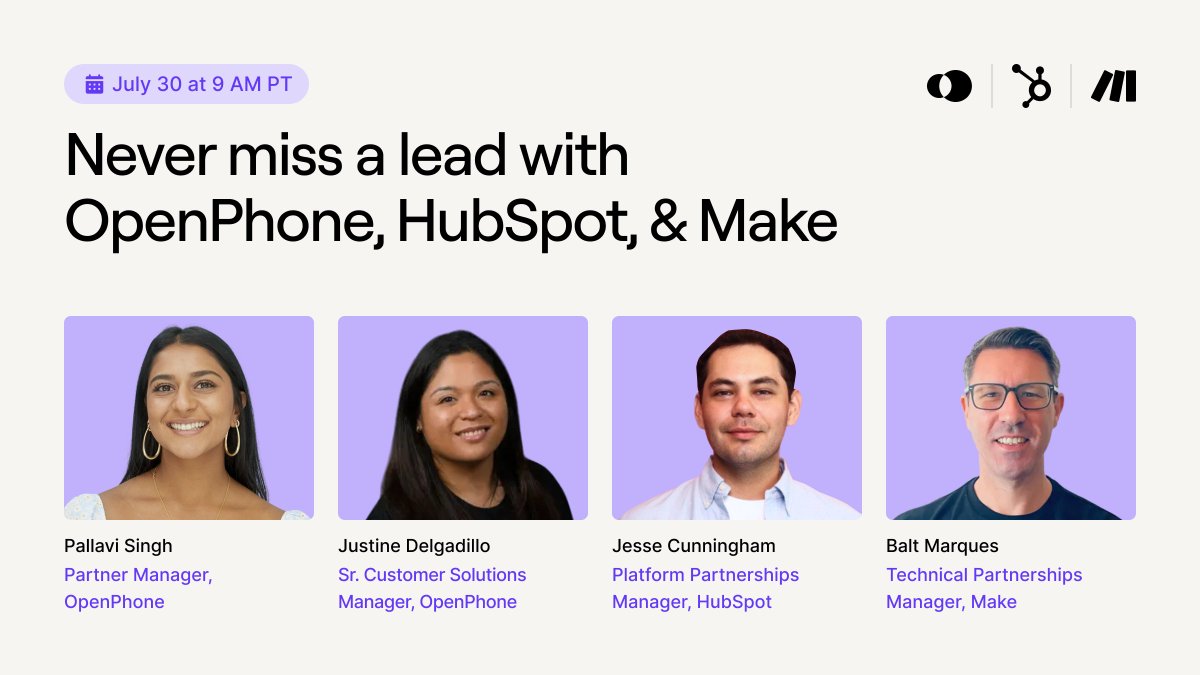 OpenPhone (@openphone) on Twitter photo Missed call = missed lead? 😬
Join us for a live session to see how OpenPhone’s AI voice agent, Sona, works with <a href="/HubSpot/">HubSpot</a> and <a href="/make_hq/">Make</a> to:
- Respond instantly, even after hours
- Automate outreach and follow-ups
- Keep your team in the loop (without the busywork)
📆 Wednesday, Missed call = missed lead? 😬
Join us for a live session to see how OpenPhone’s AI voice agent, Sona, works with <a href="/HubSpot/">HubSpot</a> and <a href="/make_hq/">Make</a> to:
- Respond instantly, even after hours
- Automate outreach and follow-ups
- Keep your team in the loop (without the busywork)
📆 Wednesday,