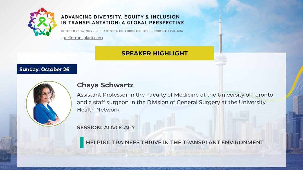 DEIinTransplant's tweet image. We&apos;re proud to introduce Dr. Chaya Schwartz, Assistant Professor in the Faculty of Medicine at the @uoftalumni and a staff surgeon in the Division of General Surgery at the @UHN, as one of our distinguished speakers at #DEIinTransplant2025!