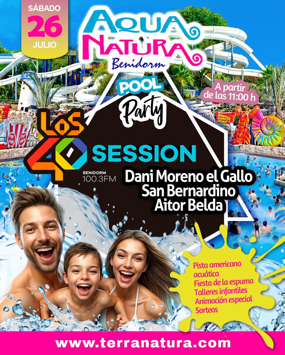 Terra Natura Benidorm (@terranaturazoo) on Twitter photo ¡POOL PARTY <a href="/Los40/">LOS40</a> en <a href="/AquaNaturaPark/">Aqua Natura Benidorm</a> #Benidorm! 🌊🌊🌊😄😄🎵🥳🥳🎶🌞🌴💦 ⏰Apunta la fecha: Este Sábado, 26 de julio 🎵🎶Los 40 SESSION con <a href="/elgallodelos40/">DANI MORENO El Gallo🐔</a>, <a href="/CSanBernardino/">San Bernardino</a> y <a href="/aitor_tor/">Aitor Belda</a> Pista Americana acuática, Fiesta de la Espuma, Animación...
¡GANAS DE FIESTAAAA!🥳🥳🥳 ¡POOL PARTY <a href="/Los40/">LOS40</a> en <a href="/AquaNaturaPark/">Aqua Natura Benidorm</a> #Benidorm! 🌊🌊🌊😄😄🎵🥳🥳🎶🌞🌴💦 ⏰Apunta la fecha: Este Sábado, 26 de julio 🎵🎶Los 40 SESSION con <a href="/elgallodelos40/">DANI MORENO El Gallo🐔</a>, <a href="/CSanBernardino/">San Bernardino</a> y <a href="/aitor_tor/">Aitor Belda</a> Pista Americana acuática, Fiesta de la Espuma, Animación...
¡GANAS DE FIESTAAAA!🥳🥳🥳