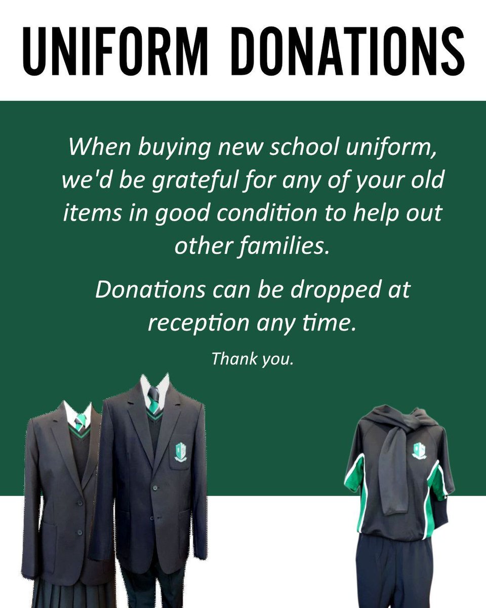 We kindly ask you to donate any old school uniform items that are in good condition to our school reception. Thank you for your generosity. #compassion