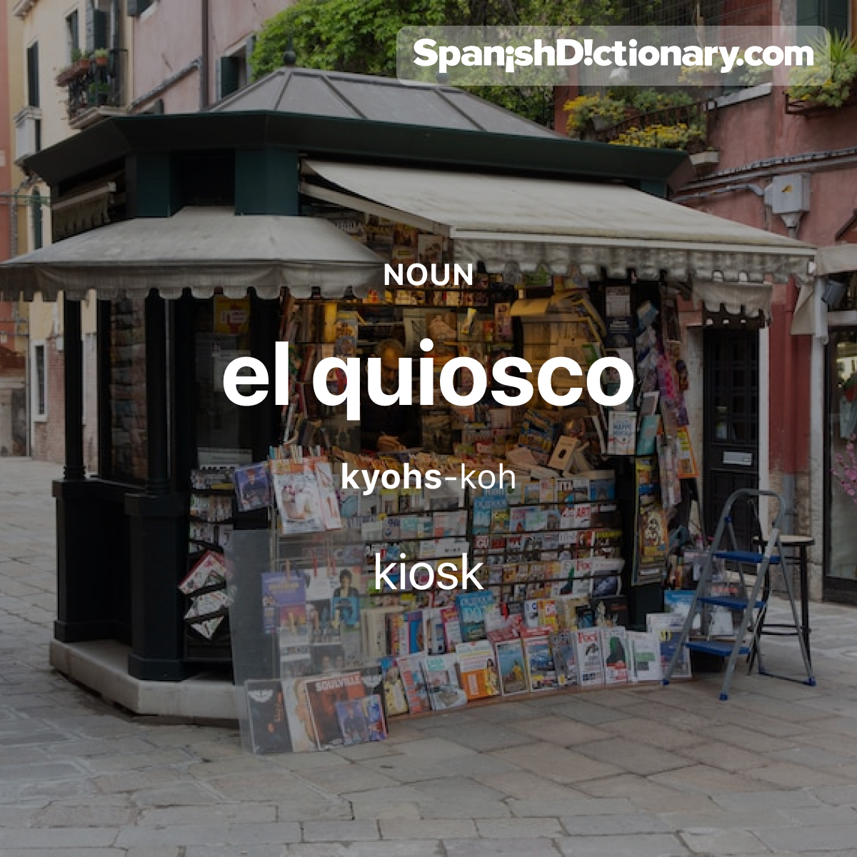 Today's #WordOfTheDay is "quiosco." 🏪 For example: Voy a comprar un refresco en el quiosco. - I'm going to get a drink at the kiosk. 
#EstudiaEspañol #StudySpanish #AprendeEspañol #LearnSpanish #Español #Spanish #LearningSpanish #PalabraDelDia