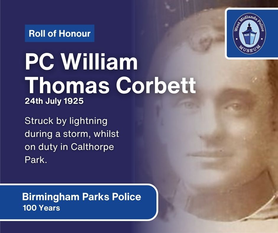 WMPHistory's tweet image. Today marks a century since the unfortunate passing of PC WIlliam Thomas Corbett, who was on duty in Calthorpe Park when he was struck by lightning during a severe thunderstorm.
A benefit concert was held in November of the same year for his family.