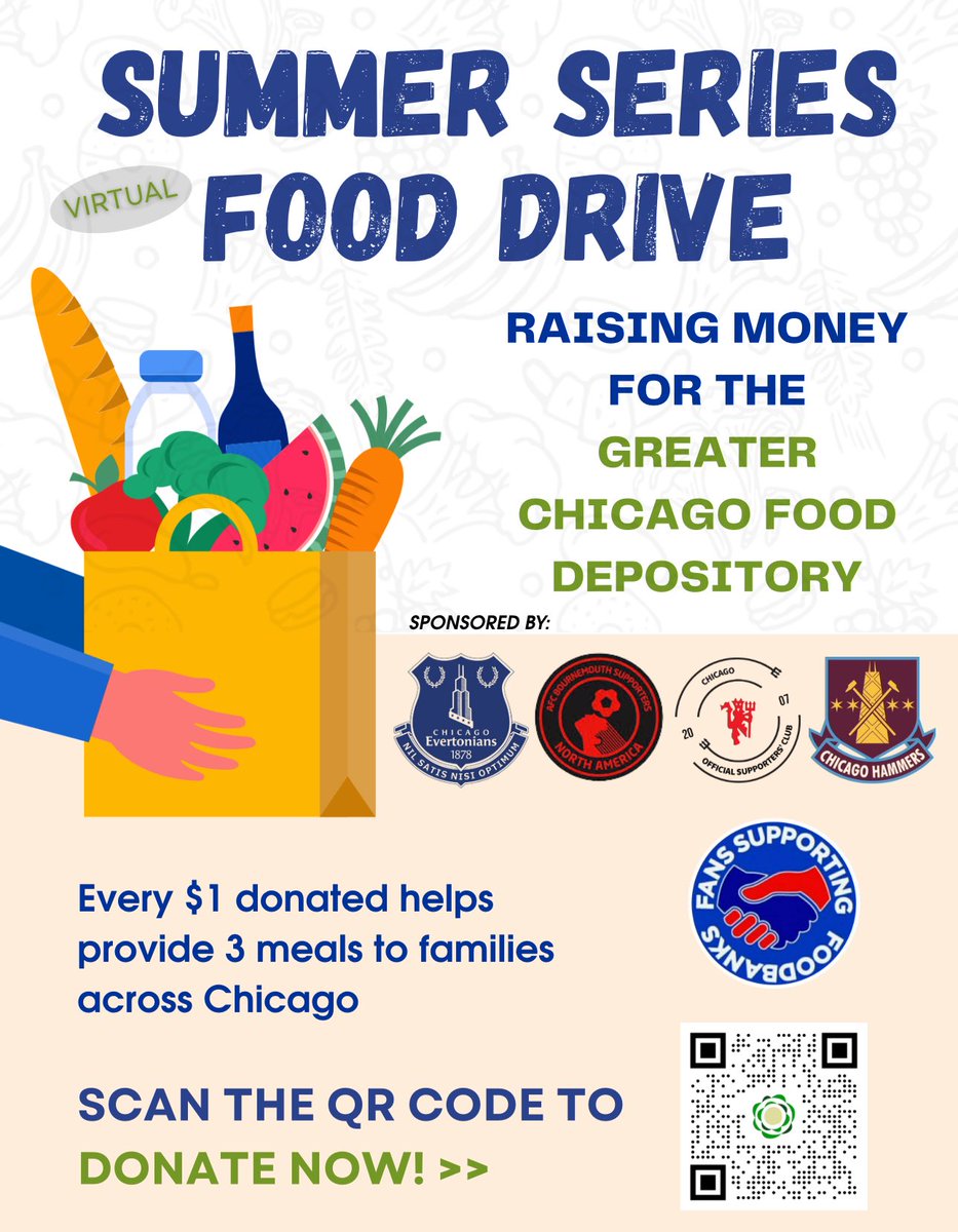 Chicago Evertonians (@evertonchicago) on Twitter photo We’re joining forces with <a href="/MUFChicago/">MUFChicago</a> <a href="/ChicagoHammers/">Chicago Hammers</a> & <a href="/NACHOSafcb/">NACHOS</a> to support the fight against food insecurity.
All proceeds from our virtual food drive will go to <a href="/FoodDepository/">Chicago’s Food Bank</a>
Please share and support if you can 🙏
#EndHungerNow #HungerDoesntWearClubColors We’re joining forces with <a href="/MUFChicago/">MUFChicago</a> <a href="/ChicagoHammers/">Chicago Hammers</a> & <a href="/NACHOSafcb/">NACHOS</a> to support the fight against food insecurity.
All proceeds from our virtual food drive will go to <a href="/FoodDepository/">Chicago’s Food Bank</a>
Please share and support if you can 🙏
#EndHungerNow #HungerDoesntWearClubColors