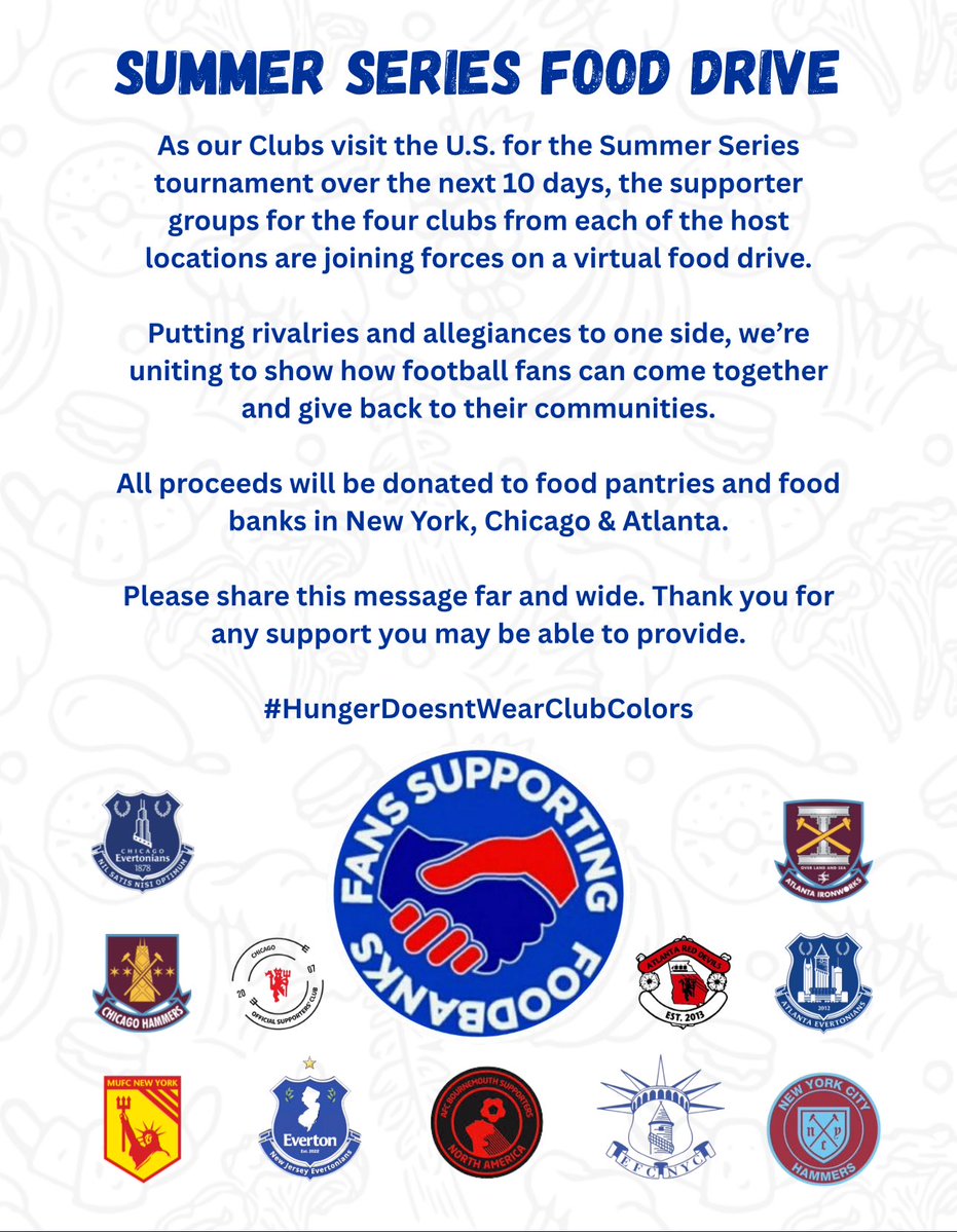 EvertonChicago's tweet image. We’re joining forces with @MUFChicago @ChicagoHammers & @NACHOSafcb to support the fight against food insecurity.
All proceeds from our virtual food drive will go to @FoodDepository
Please share and support if you can 🙏
#EndHungerNow #HungerDoesntWearClubColors