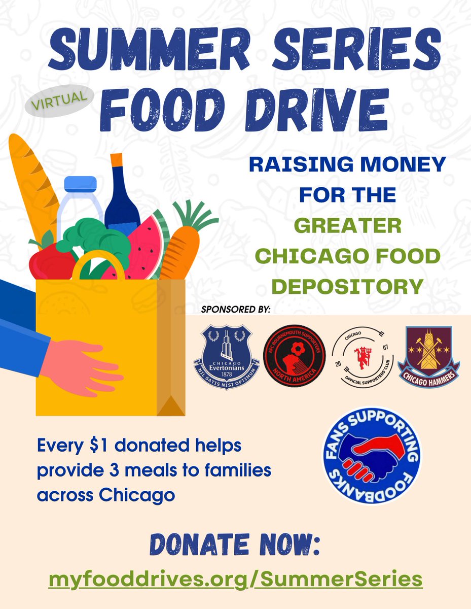 EvertonChicago's tweet image. We’re joining forces with @MUFChicago @ChicagoHammers & @NACHOSafcb to support the fight against food insecurity.
All proceeds from our virtual food drive will go to @FoodDepository
Please share and support if you can 🙏
#EndHungerNow #HungerDoesntWearClubColors